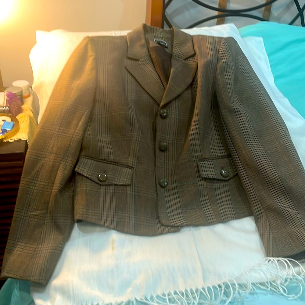 Brown plaid suit jacket with patches on elbows. Size 14.
